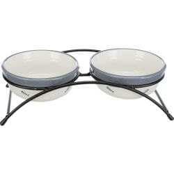 Set gamelles, en céramique/métal, 2 × 0,3 l/ø 12 cm/26 × 7 × 14 cm, blanc/bleu-g