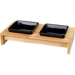 Set gamelles, en céramique/bois, 2 × 0,4 l/13 × 13 cm/36 × 7 × 19 cm, noir/natur