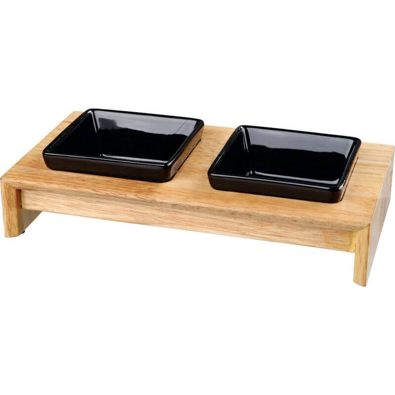 Set gamelles, en céramique/bois, 2 × 0,4 l/13 × 13 cm/36 × 7 × 19 cm, noir/natur