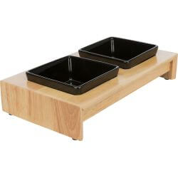 Set gamelles, en céramique/bois, 2 × 0,4 l/13 × 13 cm/36 × 7 × 19 cm, noir/natur