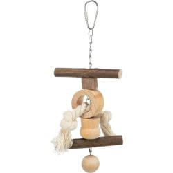 Jouet avec chaîne/corde & cloche, en bois d'écorce, 20 cm