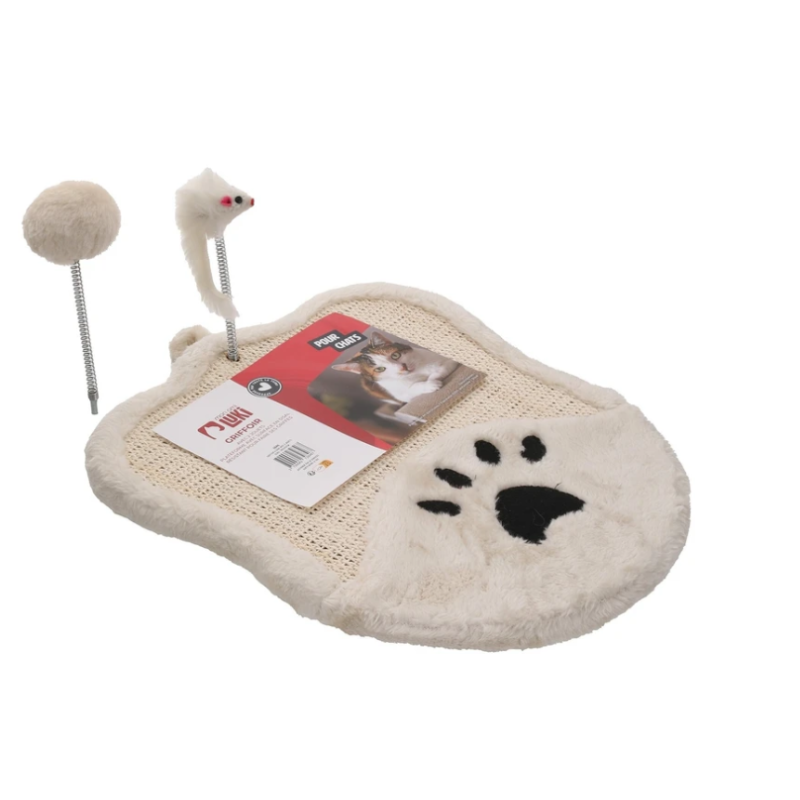 GRIFFOIR A CHAT + 2 JOUETS ECRU 41x33x2cm