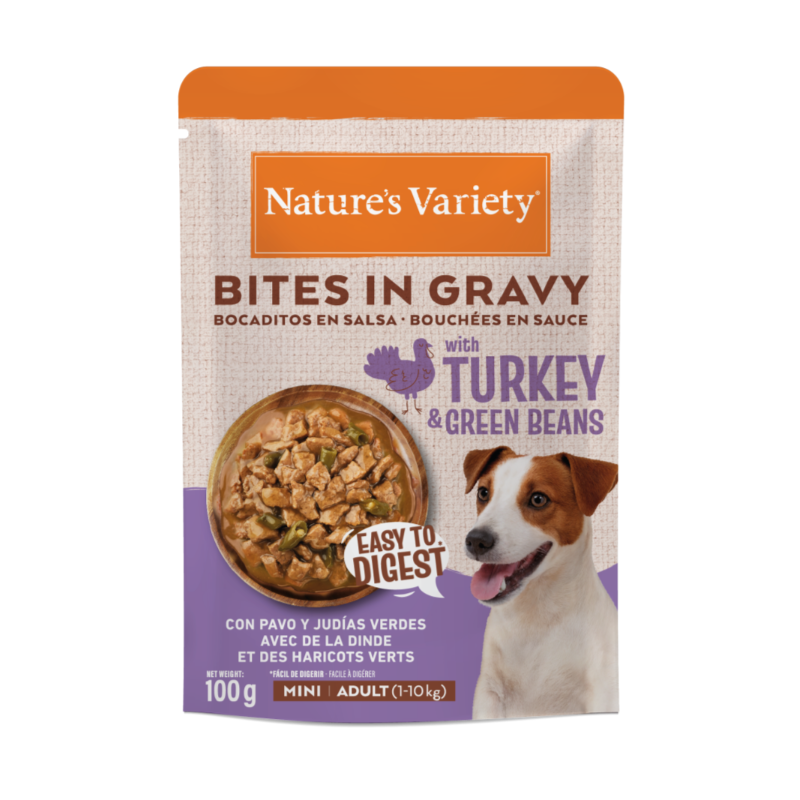 NV chien Bouchées en sauce Mini Dinde et Haricots Verts 100g
